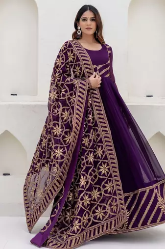 wine georgette embroidered anarkali gown with heavy embroidered georgette dupatta