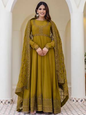olive green georgette embroidered anarkali gown with designer net dupatta  1