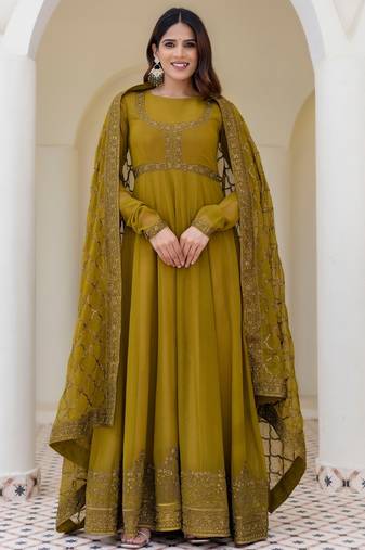 olive green georgette embroidered anarkali gown with designer net dupatta 