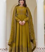 olive green georgette embroidered anarkali gown with designer net dupatta 