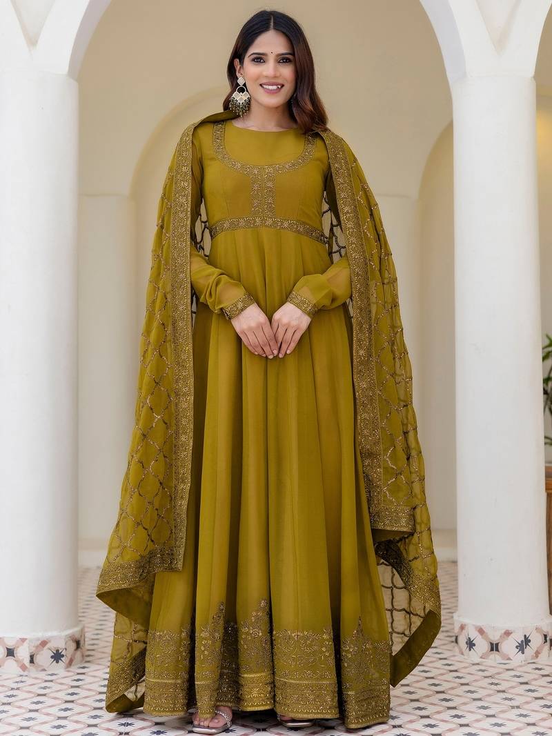 olive green georgette embroidered anarkali gown with designer net dupatta 