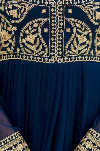dark teal blue georgette embroidered anarkali gown with heavy embroidered georgette dupatta