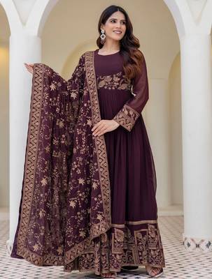 brown georgette embroidered anarkali gown with heavy designer embroidered dupatta  2