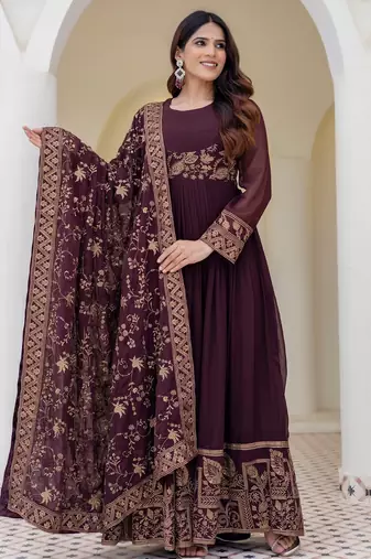 brown georgette embroidered anarkali gown with heavy designer embroidered dupatta 