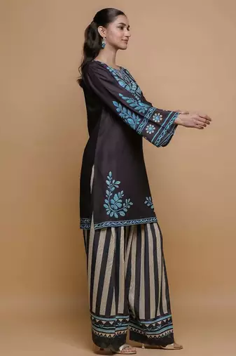 Black floral print crepe co-ord set for women