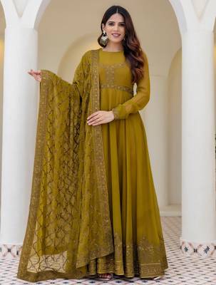 olive green georgette embroidered anarkali gown with designer net dupatta  2
