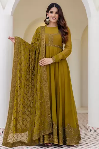 olive green georgette embroidered anarkali gown with designer net dupatta 