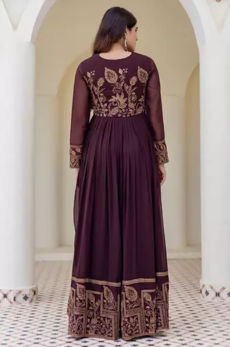 brown georgette embroidered anarkali gown with heavy designer embroidered dupatta 