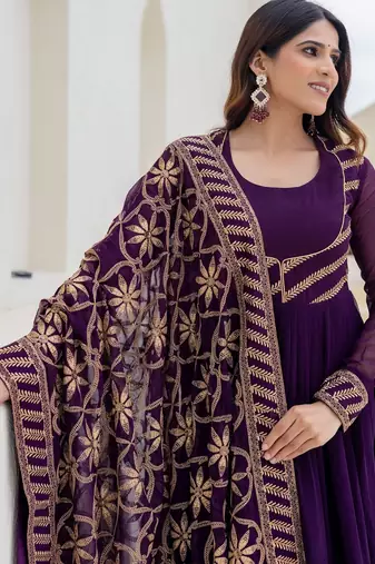 wine georgette embroidered anarkali gown with heavy embroidered georgette dupatta