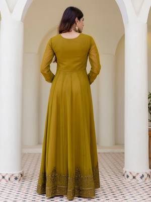 olive green georgette embroidered anarkali gown with designer net dupatta  3