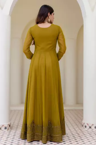 olive green georgette embroidered anarkali gown with designer net dupatta 