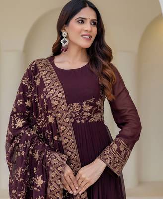 brown georgette embroidered anarkali gown with heavy designer embroidered dupatta  4