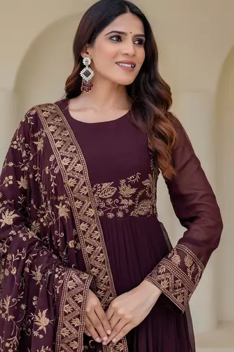 brown georgette embroidered anarkali gown with heavy designer embroidered dupatta 