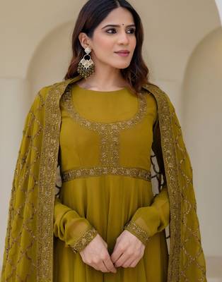 olive green georgette embroidered anarkali gown with designer net dupatta  4
