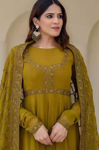 olive green georgette embroidered anarkali gown with designer net dupatta 