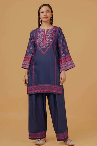 Navy blue floral print crepe co-ord set for women