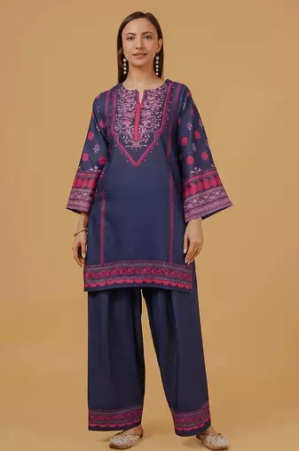 Navy blue floral print crepe co-ord set for women
