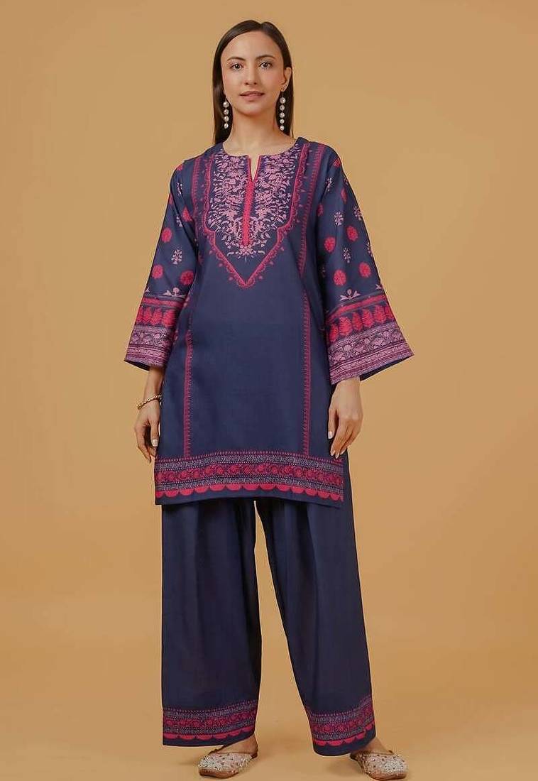 Navy blue floral print crepe co-ord set for women