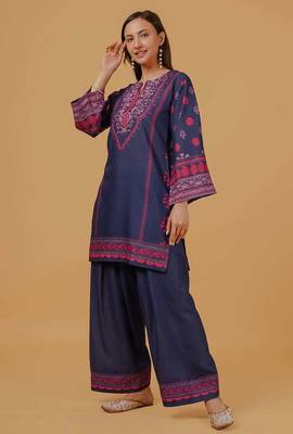 Navy blue floral print crepe co-ord set for women 2
