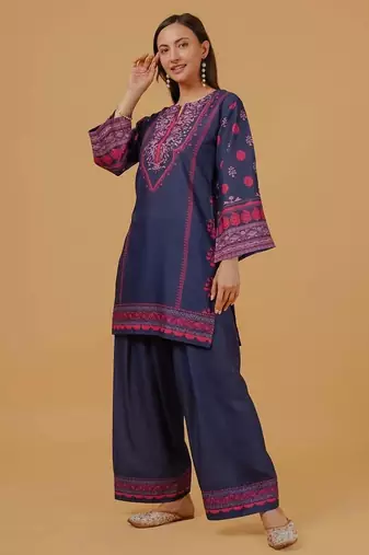Navy blue floral print crepe co-ord set for women