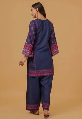 Navy blue floral print crepe co-ord set for women 3