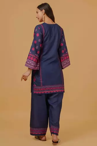 Navy blue floral print crepe co-ord set for women
