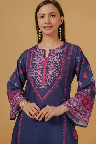 Navy blue floral print crepe co-ord set for women