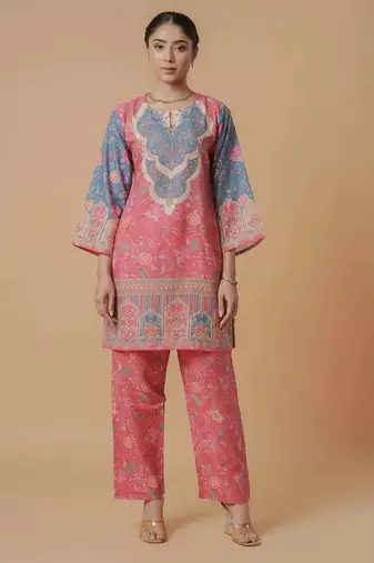 Pink floral print linen co-ord set for women