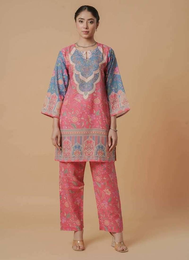 Pink floral print linen co-ord set for women