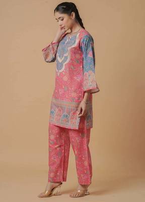 Pink floral print linen co-ord set for women 2