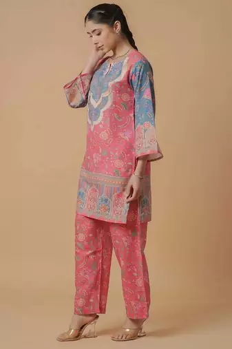 Pink floral print linen co-ord set for women
