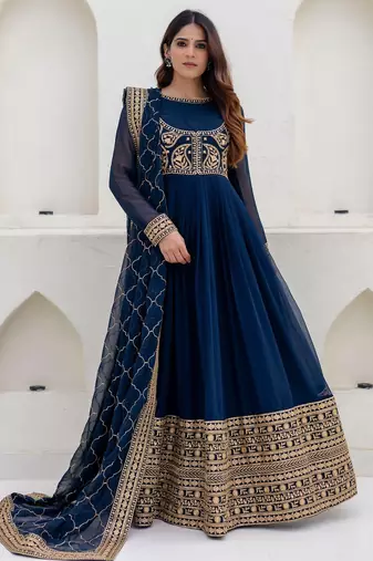 dark teal blue georgette embroidered anarkali gown with heavy embroidered georgette dupatta