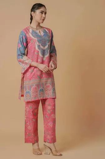 Pink floral print linen co-ord set for women