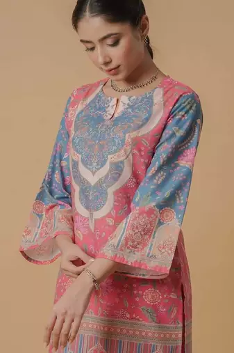 Pink floral print linen co-ord set for women