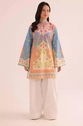 Sky blue floral print linen co-ord set for women