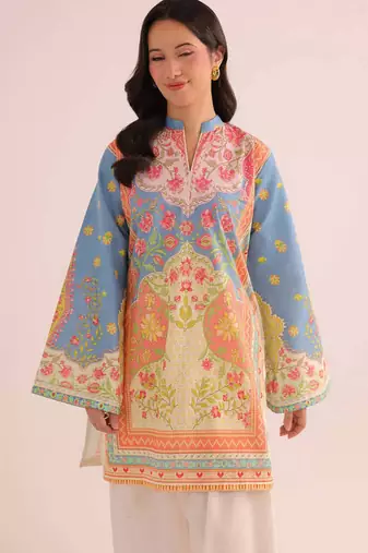 Sky blue floral print linen co-ord set for women