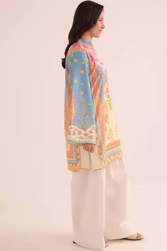 Sky blue floral print linen co-ord set for women