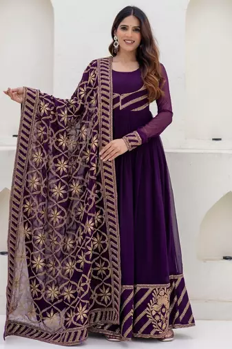 wine georgette embroidered anarkali gown with heavy embroidered georgette dupatta