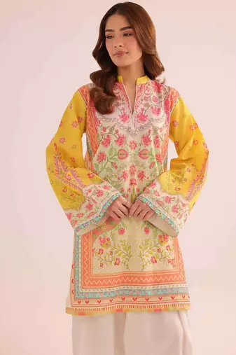 Yellow floral print linen co-ord set for women
