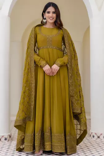 olive green georgette embroidered anarkali gown with designer net dupatta 