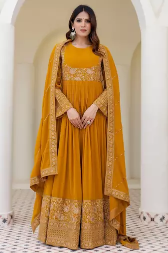 mustard yellow georgette embroidered anarkali gown with matching embroidered dupatta 
