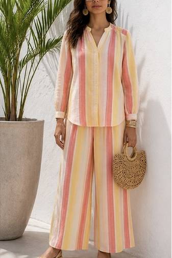 Multicolor stripes print linen co-ord set for women