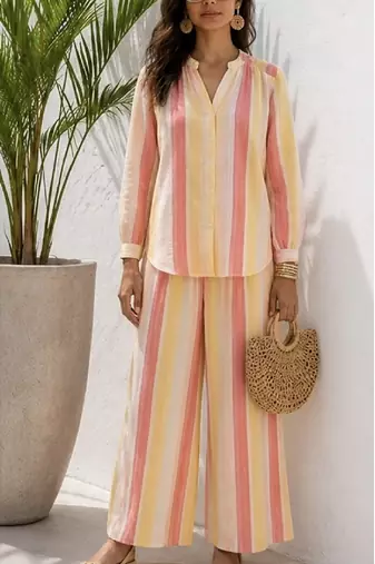 Multicolor stripes print linen co-ord set for women