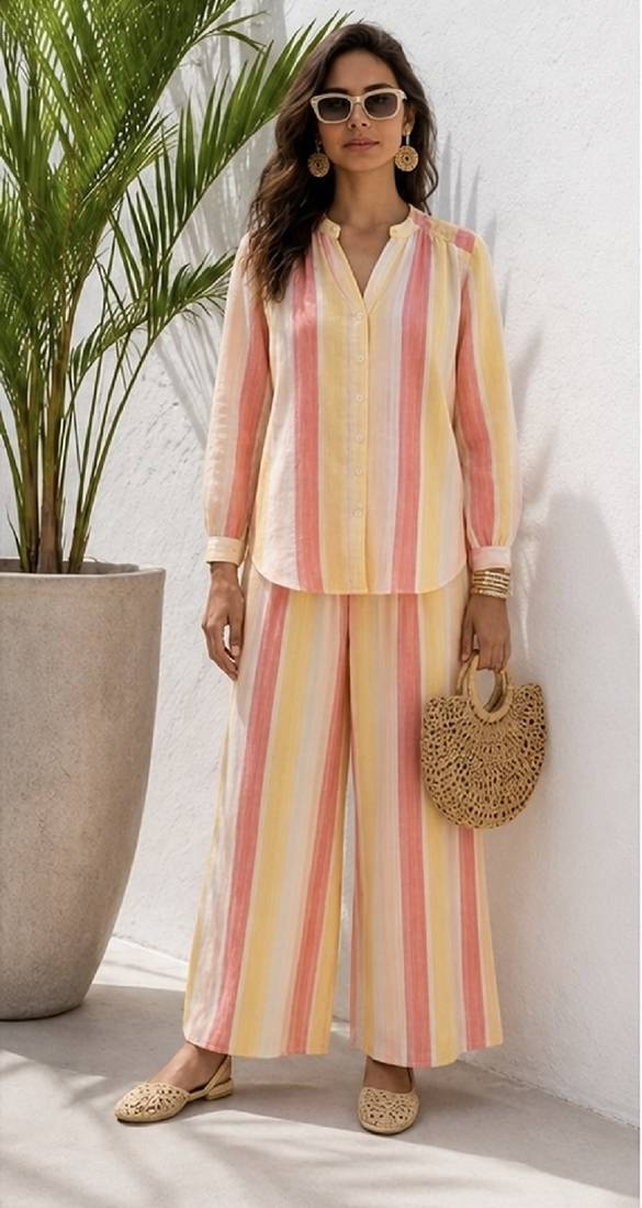 Multicolor stripes print linen co-ord set for women