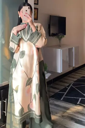 Green floral print crepe co-ord set for women