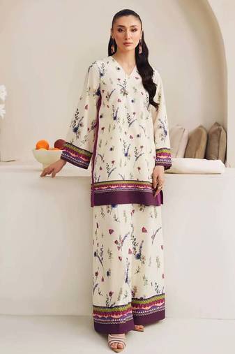 Off white floral print crepe co-ord set for women