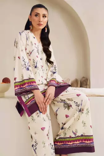 Off white floral print crepe co-ord set for women