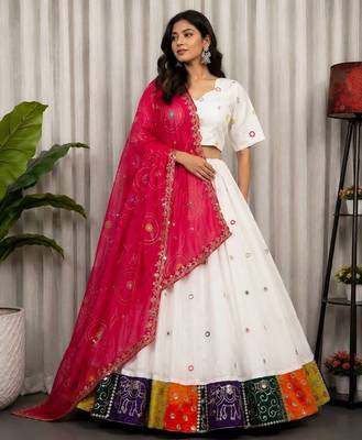 White Embroidery and sequins Aari mirror Roman Silk Blend Lahenga Choli Set 3