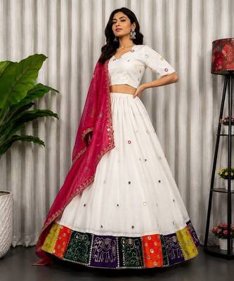 White Embroidery and sequins Aari mirror Roman Silk Blend Lahenga Choli Set 1