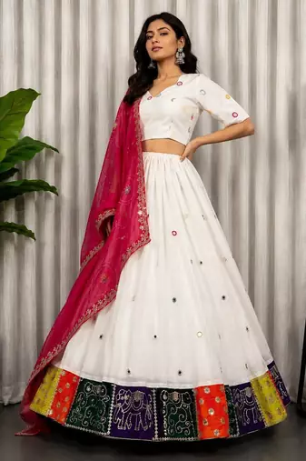 White Embroidery and sequins Aari mirror Roman Silk Blend Lahenga Choli Set
